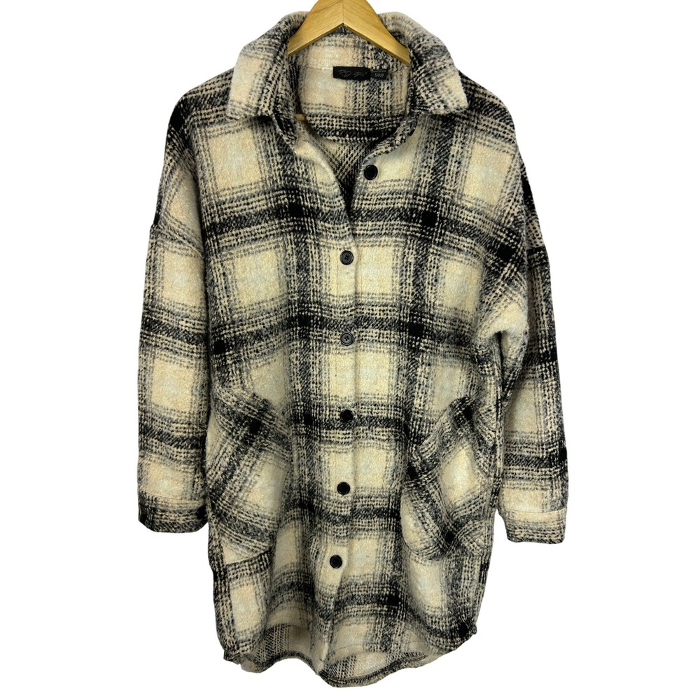 RD Style Plaid Cream Oversized Shacket Textured Knit Long Jacket Small